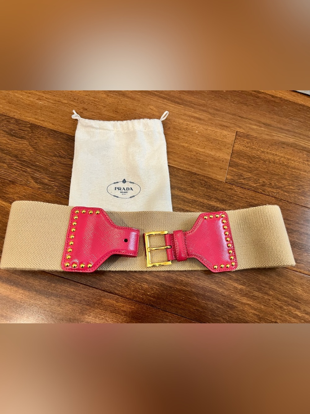 Prada Beige Elastic Belt with Pink Leather Accents and Gold Buckle
